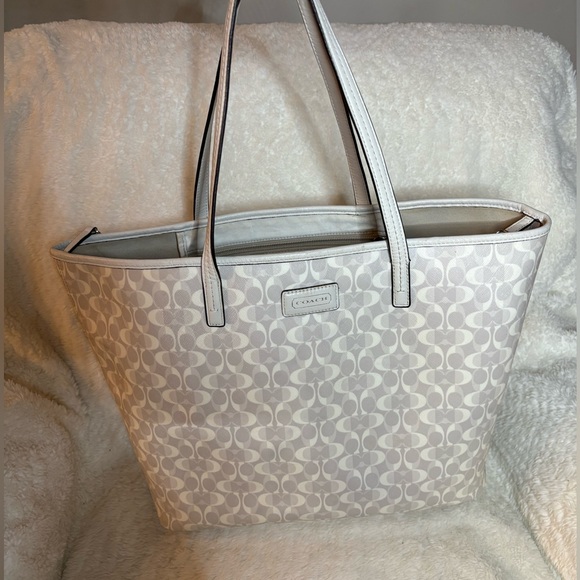 Coach Handbags - Coach City Tote in white and gray signature coated canvas with leather details